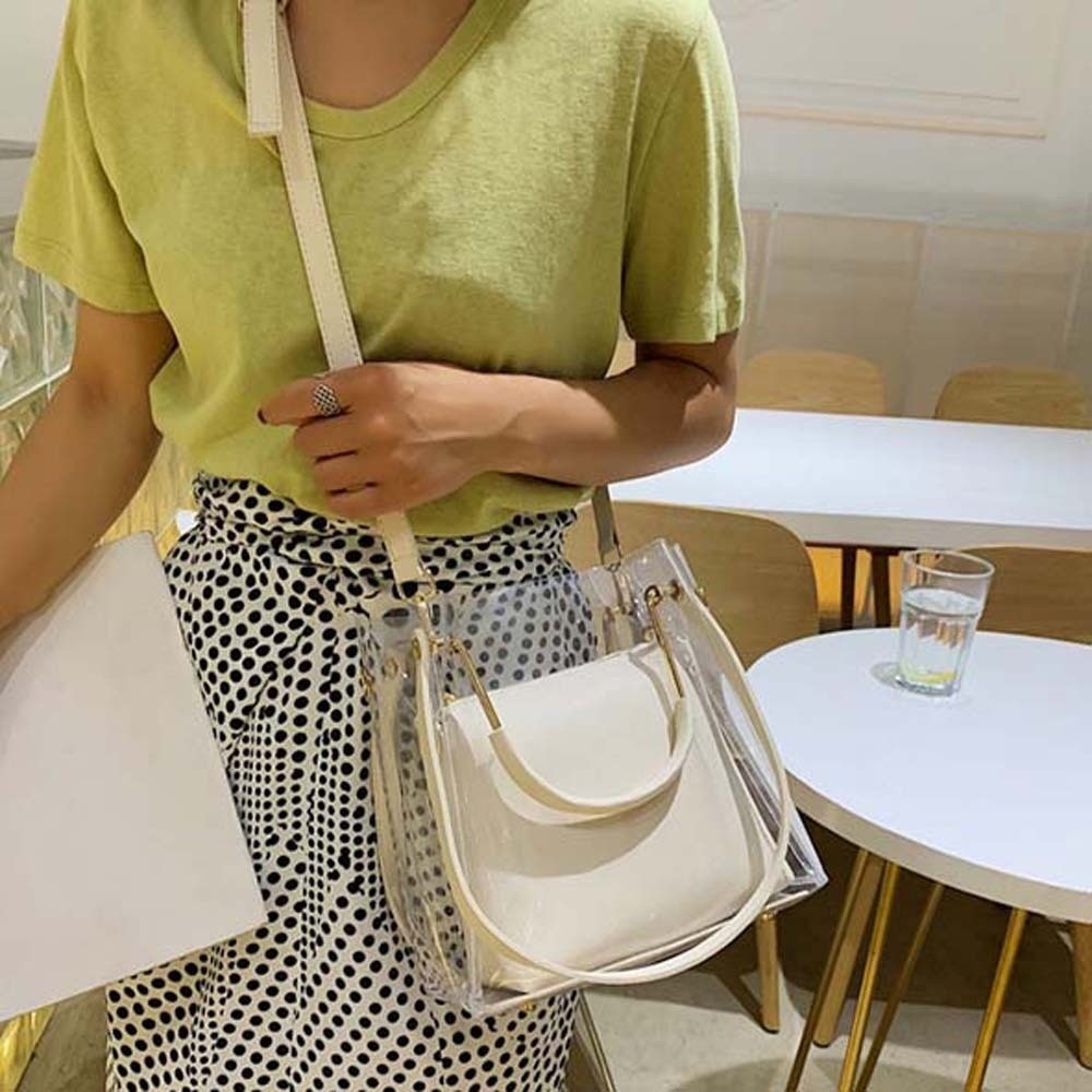 Jelly Bag Clear Pvc - กระเป๋าใสสีลูกกวาด กระเป๋าใสกันน้ำ กระเป๋าถือเยลลี่แบบถอดได้ กระเป๋าใสสไตล์เกาหลี PVC มินิโท้ท