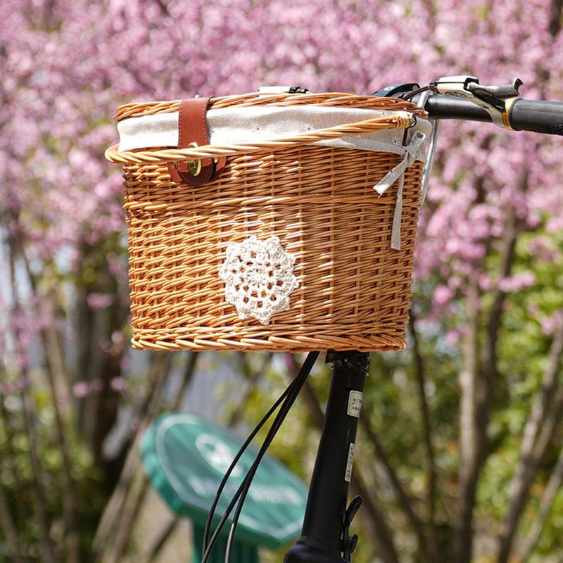 Basket Bag Wicker - ตะกร้าจักรยานหวาย ตะกร้าแฮนด์สําหรับเก็บจักรยาน ตะกร้าหน้าพร้อมซับใน ตะกร้าครุยเซอร์ชายหาดพร้อมฝาปิดและหนัง