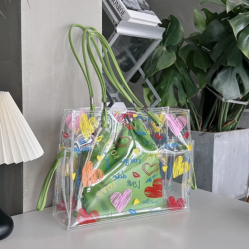 Jelly Bag Clear Pvc - กระเป๋าใสลายหัวใจสำหรับผู้หญิง วัสดุ PVC 2 ชิ้น กระเป๋าถือแบบใสกันน้ำสำหรับไปทะเล