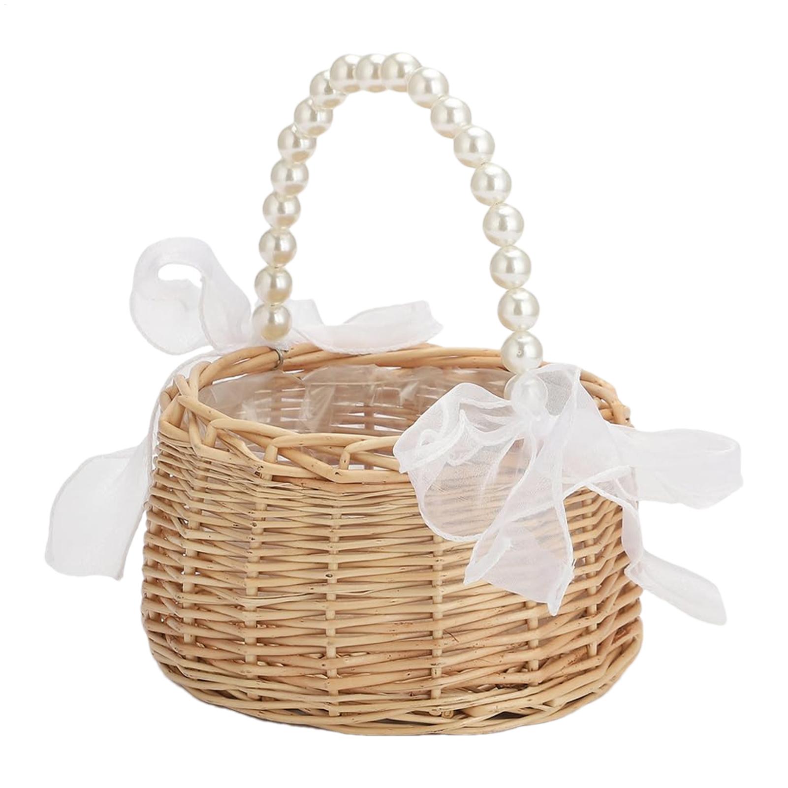 Basket Bag Wicker - ตะกร้าหวายสานลายดอกไม้ 1 ใบ พร้อมหูจับมุกและโบว์ งานสานมือ สำหรับการ์ดอวยพร