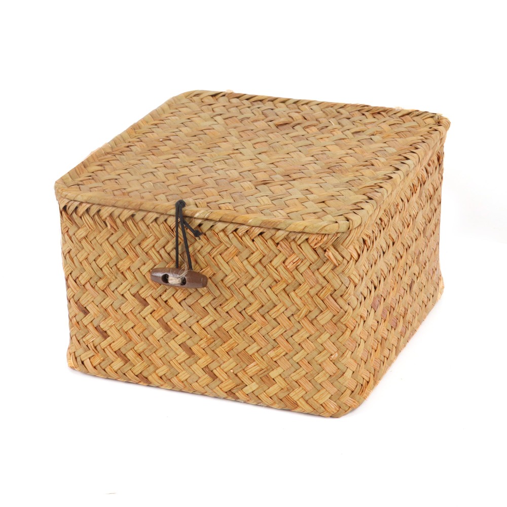 Basket Bag Wicker - ตะกร้าเก็บของสานจากหญ้าทะเลแบบเป็นมิตรกับสิ่งแวดล้อม พร้อมฝาปิด กล่องเก็บของทรงสี่เหลี่ยมผืนผ้า ทำด้วยมือ สำหรับจัดระเบียบบ้าน