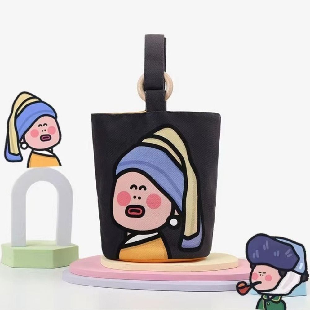 Women Bags Coach - กระเป๋าถือผู้หญิงกระเป๋าทรงถังลายการ์ตูนน่ารักกระเป๋าทรงกระบอกแบบพกพากระเป๋าผ้าใบแคนวาสกระเป๋าอาหารกลางวันถือสำหรับเด็กผู้หญิง
